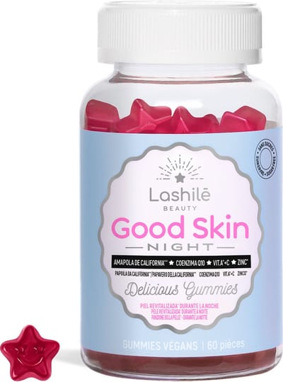 Lashilé Beauty Good Skin Night – Suikervrij voedingssupplement met vitamine C, D, A, Zink & Co-enzym Q10 – 60 Gummies – Ondersteunt nachtelijke huidregeneratie & natuurlijke slaap – Vegan & zonder gluten