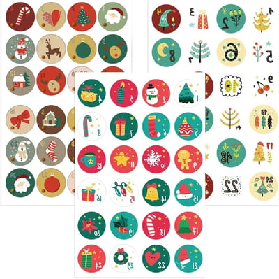 Adventskalender Stickers 1-24, 72 Stuks Zelfklevende Nummerstickers voor Feestjes, DIY Knutselen en Baklabels, 3 Vellen van 4,5 cm