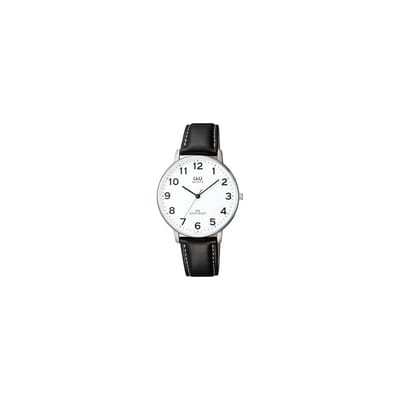 Q&Q QZ00J304Y - Horloge - Analoog - Heren - Mannen - Leren band - Rond - Metaal - Cijfers - Zwart - Zilverkleurig - Wit - 3ATM