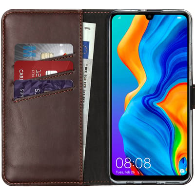 Selencia Hoesje - Geschikt voor Huawei P30 Lite - Echt Lederen Bookcase - Bruin