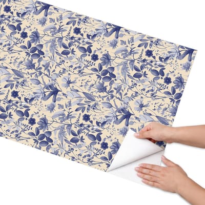 Coloray Meubel Wrap Folie - Blauw Meubelfolie - 65x130 cm - Decoratiefolie Bloemenpatroon - Meubel Wrap Folie - Klassiek Meubelfolie - Plakfolie Meubels - Keuken decoratie - Bloemen en planten