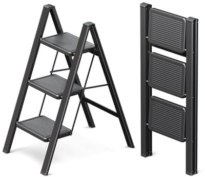 Opvouwbare Ladder - Opstapje Trap - Huishoudelijke Klusjes - Brede Antislip Treden - 3 Treden - Zwart