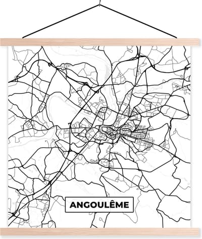Posterhanger incl. Poster 40x40 cm - Schoolplaat - Angoulême - Stadskaart – Plattegrond – Kaart – Frankrijk - Zwart wit - Textielposter - Blanke latten - Stadskaart