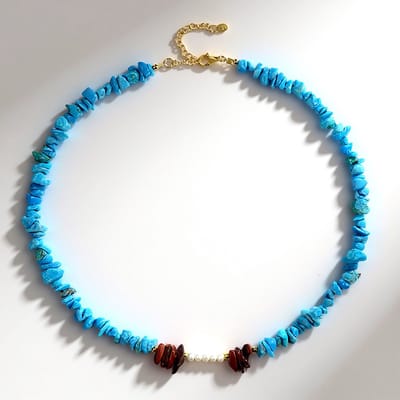 Cavill - Vergulde 925 Sterling Zilveren Halsketting - 127 4 Ct Turkoois, Rode Jaspis & Zoetwaterparels - Boho Natuurlijke Kleurrijke Dames Ketting