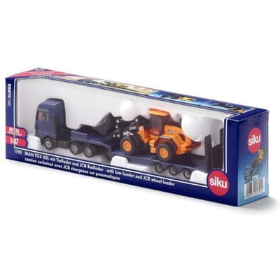 siku 1790, MAN Vrachtwagen met dieplader en JCB-shovel, 1:87, metaal/kunststof, blauw/geel, opklapbare oprijplaat, beweegbare arm