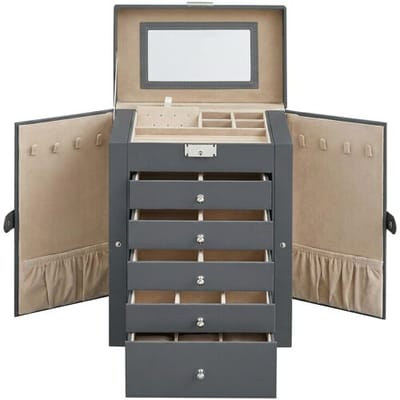 Ochama JOYFURNOS sieradendoos met 6 lagen, sieradencassette met 5 lades, grote opbergruimte, met spiegel, afsluitbaar, sieradenorganizer, cadeau voor