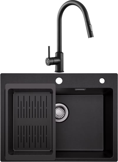 Sofetiy Max spoelbak Keuken 60x45cm Antraciet - Granieten spoelbak Met Keukenkraan en Zeepdispenser 300ml - Spoelbakken met afdruip - Enkele spoelbak Met Afdruiprek - Antraciet