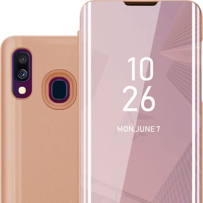 Cadorabo Hoesje geschikt voor Samsung Galaxy A40 in KUNZIET ROZE - Clear View Spiegel Beschermende Case met Tribunefunctie 360 Graden Bescherming Book Case Cover Etui
