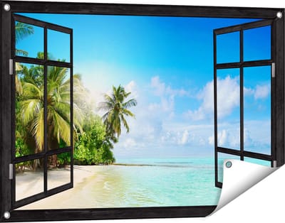 Gards Tuinposter Doorkijk Tropisch Strand bij de Licht Blauwe Zee - 90x60 cm - Tuindoek - Tuindecoratie - Wanddecoratie buiten - Tuinschilderij