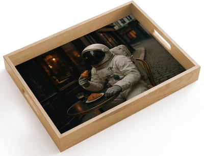 Dienblad hout 40x30 cm - Schootdienblad - Café - Croissant - Koffie - Astronaut - Borrelplank rechthoek - Plateau dienbladen