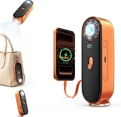 Handventilator met 10.000 mAh Powerbank - Draagbare Mini Ventilator met 100 Standen en Ingebouwde Type-C Kabel - USB Oplaadbare Ventilator met Zaklamp voor Reizen en Kamperen - Oranje-rood