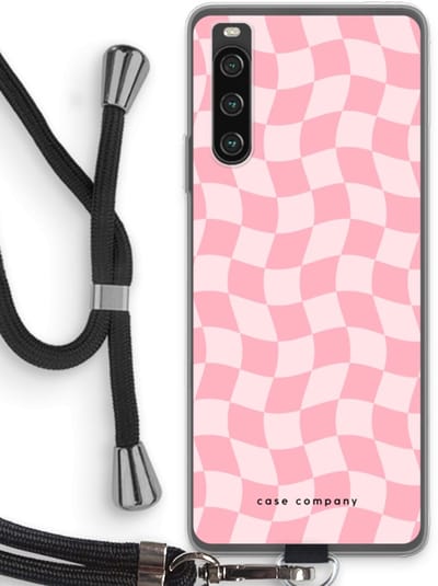 Case Company® - Hoesje met koord geschikt voor Sony Xperia 10 IV hoesje met Koord - Grid Roos - Telefoonhoesje met Zwart Koord - Bescherming aan alle Kanten en Over de Schermrand