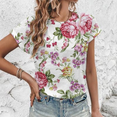 Vintage Elegante Bloem 3D Print T-shirt Top Zomer Los Dames T-shirt Street Fashion Nieuw Rond Hals T-shirt 4XL