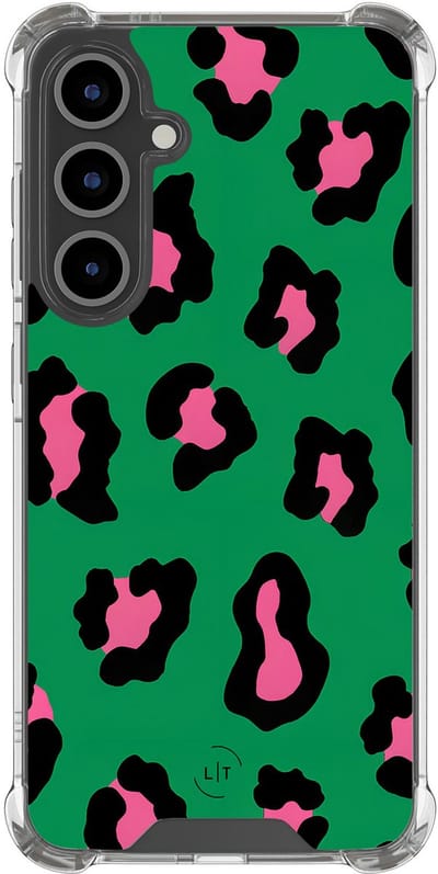 Shockproof hoesje - Geschikt voor Samsung Galaxy S24 FE - Luipaard groen roze - Extra sterke case - TPU/polycarbonaat - Luipaardprint - Groen, Transparant
