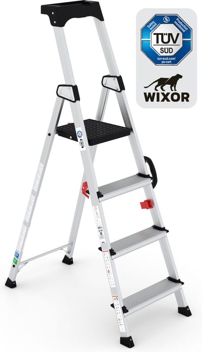 Wixor Trapladder Handyman | Huishoudtrap 4 treden | Professionele trap | Enkel Oploopbare trap | Keukentrap | Trapladder | Tuv-gecertificeerd | EN131