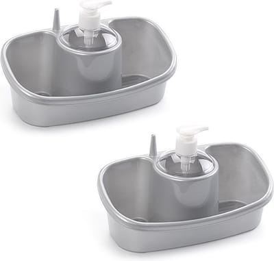 Sponsbakje met zeeppompje/dispenser zilver - 2x - 26 cm - Zeeppompjes/zeepdispensers - Badkamer, toilet en keuken