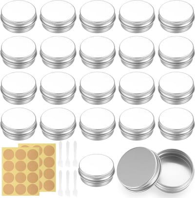 Lege ronde aluminium blikjes van 15 ml, perfect voor crèmes, kaarsen en zalfjes, inclusief spatels en labels voor reizen en monsters.