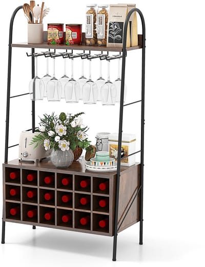 COSTWAY Wijnrek, flessenrek voor 18 flessen, wijnstandaard met 5 wijnglashouders en 2 planken, 110 cm wijnhouder vrijstaand, wijnflessenrek voor keuken, kelder, bar, rustiek bruin, 63 x 32 x 114,5 cm