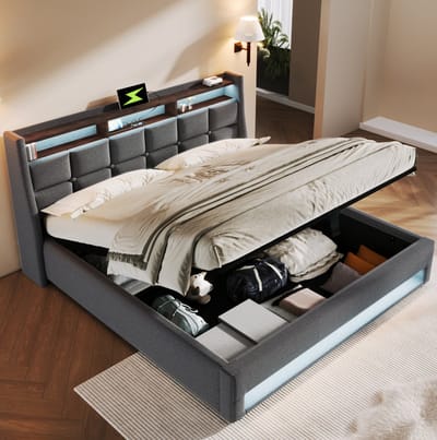 MEUNIQ Polsterbed 160x200 cm met LED, USB en opbergruimte, tweepersoons bedframe met lattenbodem en gestoffeerd hoofdbord voor de slaapkamer, grijs