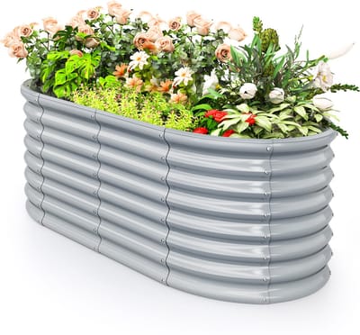 COSTWAY Plantenbak van metaal, ovaal, plantenbak voor tuin, 165 x 80 x 60 cm, broeibed met open bodem, golfplaat, weerbestendig, plantenbak voor groenten, bloemen, kruiden (grijs)