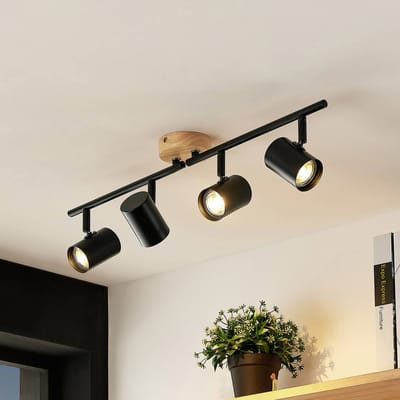 Lindby - plafondlamp - 4lichts - Staal, hout - H: 14.5 cm - GU10 - zwart, licht hout