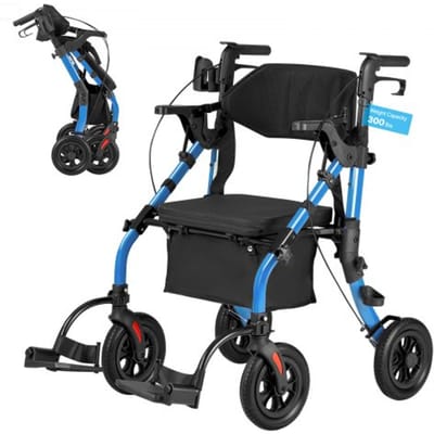VEVOR 2-in-1 opvouwbare rollator met zitje, lichtgewicht rollator met wielen, loophulp tot 136 kg met rugleuning, tas, stokhouder, in hoogte verstelbare loophulp met vergrendelingsfunctie voor senioren, blauw