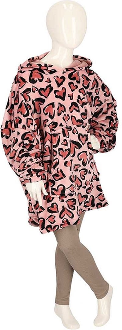 Apollo - Huggle Hoodie Kids Hartjes - Roze - One Size - Hoodie jongens - Hoodie meisjes - Hoodie deken