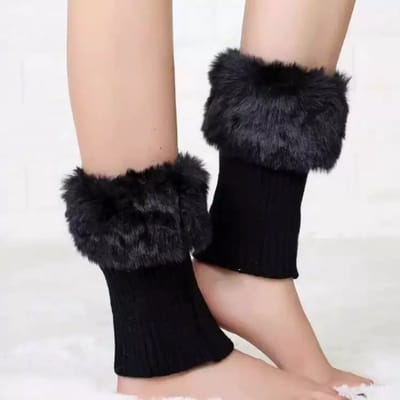Korte gebreide sokken Geschikt voor herfst/winter met pluche bont, veelzijdig, sexy stijl, gebreide boorden, warm en koubestendig (zwart)