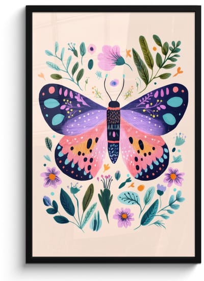 Poster in lijst - Fotolijst 60x90 cm - Posters - Bloemen - Bladeren - Vlinder - Kleurrijk - Posterlijst zwart - Decoratie - Wanddecoratie woonkamer - Muurdecoratie slaapkamer