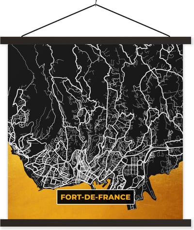 Posterhanger incl. Poster 60x60 cm - Schoolplaat - Fort-de-France – Plattegrond – Frankrijk – Kaart – Stadskaart - Textielposter - Zwarte latten - Stadskaart