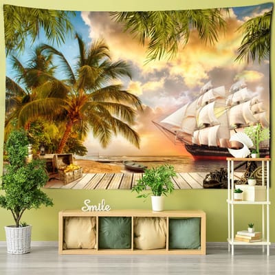 Zonsondergang Kokospalm Zeilboot Wandtapijt Wandhanger Boho Esthetische Kamerkunst Simpele Slaapzaal Woonkamer Decor 95x70cm