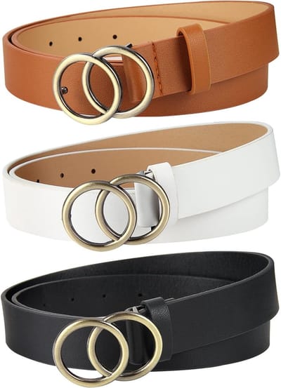 Modieuze dubbele O-ring gesp riemen voor dames - Lederen riemen voor jeans en jurken in bruin, wit en zwart - 3 stuks, One Size