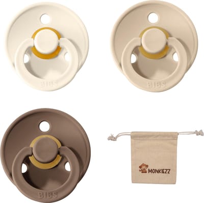 Bibs fopspeen | Met Monkiezz Speenzakje - maat 1 0-6 maanden - 3 stuks - Vanilla - Dark Oak - Ivory White