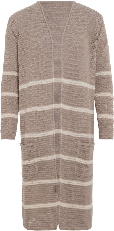 Knit Factory Bibi Lang Gebreid Vest - Gebreide dames cardigan - Lang vest tot over de knie - Gestreepte damesvest gemaakt uit 30% wol en 70% acryl - Linnen/Beige - 40/42