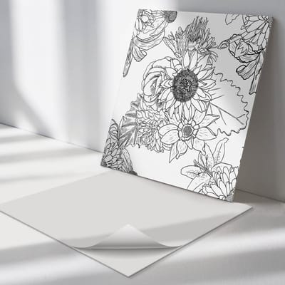 Wallfluent Vinyl Tegels - Bloemen Lineair Patroon Vinyl Wandtegels - 30 cm x 30 cm - Zwart PVC Tegels - 9 stuks - Vierkant PVC Tegels - Bloemen En Planten Plaktegels - Zelfklevende PVC Tegels - Plaktegels Keuken en Badkamer
