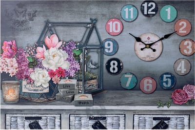XL Canvas Schilderij Klok - Wandklok - KLOK TUINKAS KAARS & BLOEMEN - Schilderijen Klok - Woonkamer - Keuken - 60x40Cm