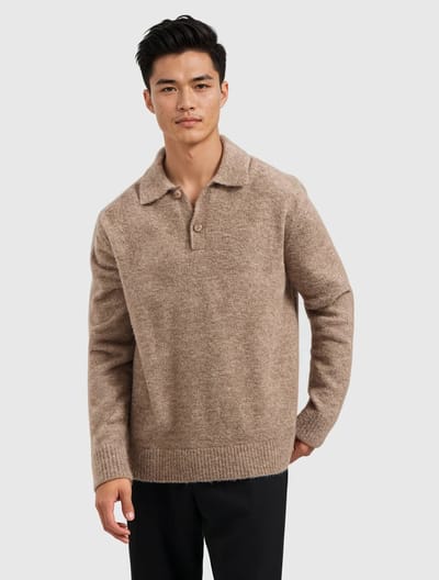 Pure Path Bouclé Knit Longsleeve Polo Taupe (25030809 - 53)