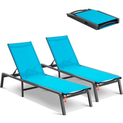 VEVOR Outdoor Chaise Lounge Chairs, Aluminium Patio Lounge Chairs met 5 Verstelbare Standen, Opvouwbare Zwembad Lounge Chairs, Ligstoelen voor Terras, Strand, Zwembad, Blauw, 2-Pack