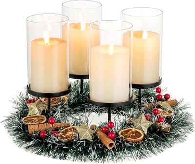 Famanu - Moderne adventskrans zwart metaal, glazen cilinders voor stompkaarsen, stijlvolle kerstdecoratie