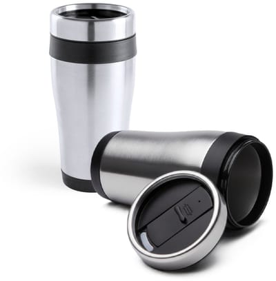 Benson Warmhoudbeker - 2x - thermos isoleer koffiebeker - mok - RVS - zilver en zwart - 450 ml - Reisbeker