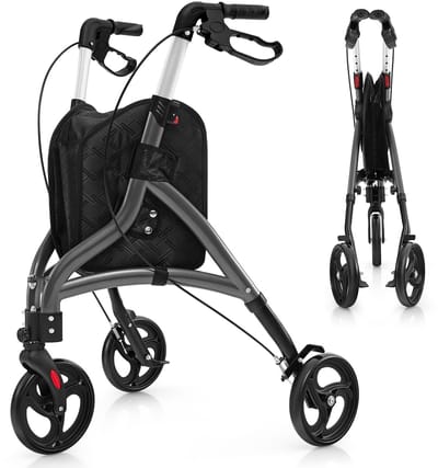 COSTWAY Rollator opvouwbaar en licht, met zitting, loophulp, 6-voudig in hoogte verstelbaar, driewieler, smal, loopwagen met tas en rem, aluminium frame, inklapbaar, voor senioren en volwassenen