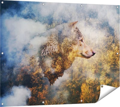Gards Tuinposter Wolvenkop op een Herfstbos - Wolf - Abstract - 120x90 cm - Tuindoek - Tuindecoratie - Wanddecoratie buiten - Tuinschilderij