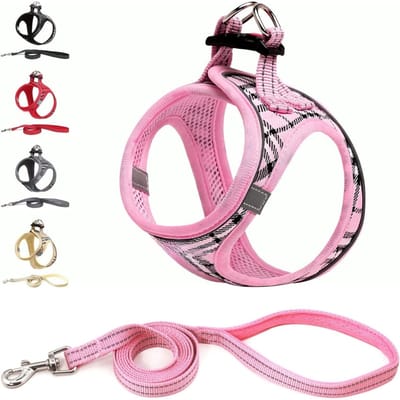 Famanu – Hondentuig Kleine honden met riem - anti-trektuig Reflecterend ademend borsttuig - puppytuig voor kleine - middelgrote honden (S - Roze geruit)