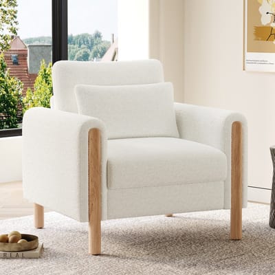 PHOEBE CAT Fauteuil - Met kussen - Slaapkamerstoel - Teddy - Massief houten poten - Wit