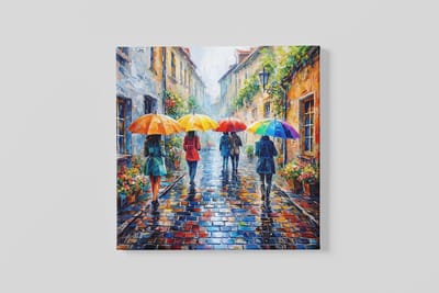 Vierkant Canvas Schilderij - Kunst - Kleurrijke Regenachtige Straat - 40x40 cm