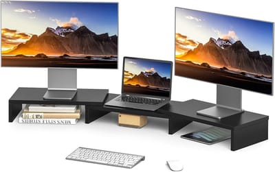 Famanu – Dubbele houten monitorverhoger, in lengte verstelbaar 84–123 cm, stabiel ontwerp, zwart