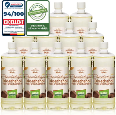 KieselGreen 12 Liter Bio-Ethanol met Chocolade Aroma - Bioethanol 96.6%, Veilig voor Sfeerhaarden en Tafelhaarden, Milieuvriendelijk - Premium Kwaliteit Ethanol voor Binnen en Buiten