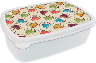Broodtrommel Wit - Lunchbox Design - Retro - Theepot - Kleuren - Brooddoos 18x12x6 cm - Brood lunch box - Broodtrommels voor kinderen en volwassenen