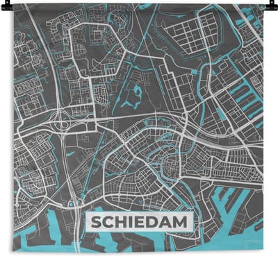 Wandkleed - Plattegrond - Schiedam - Grijs - Blauw - 120x120 cm - Wandtapijt