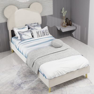 REDOM Gestoffeerd bed 90x200 cm – Cartoonvormig hoofdbord met pneumatische opbergruimte – Beige